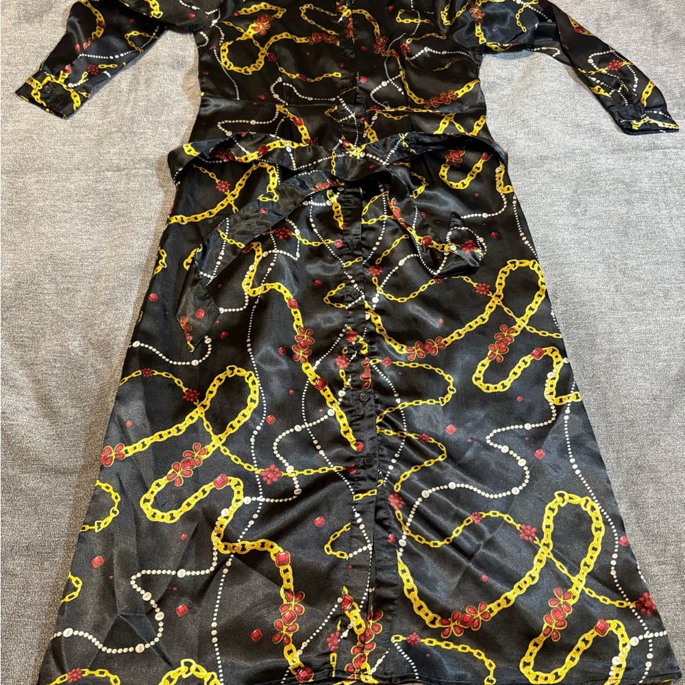 Bob Mackie Boutique Elegant Black and Gold Chain Print Dress size Small